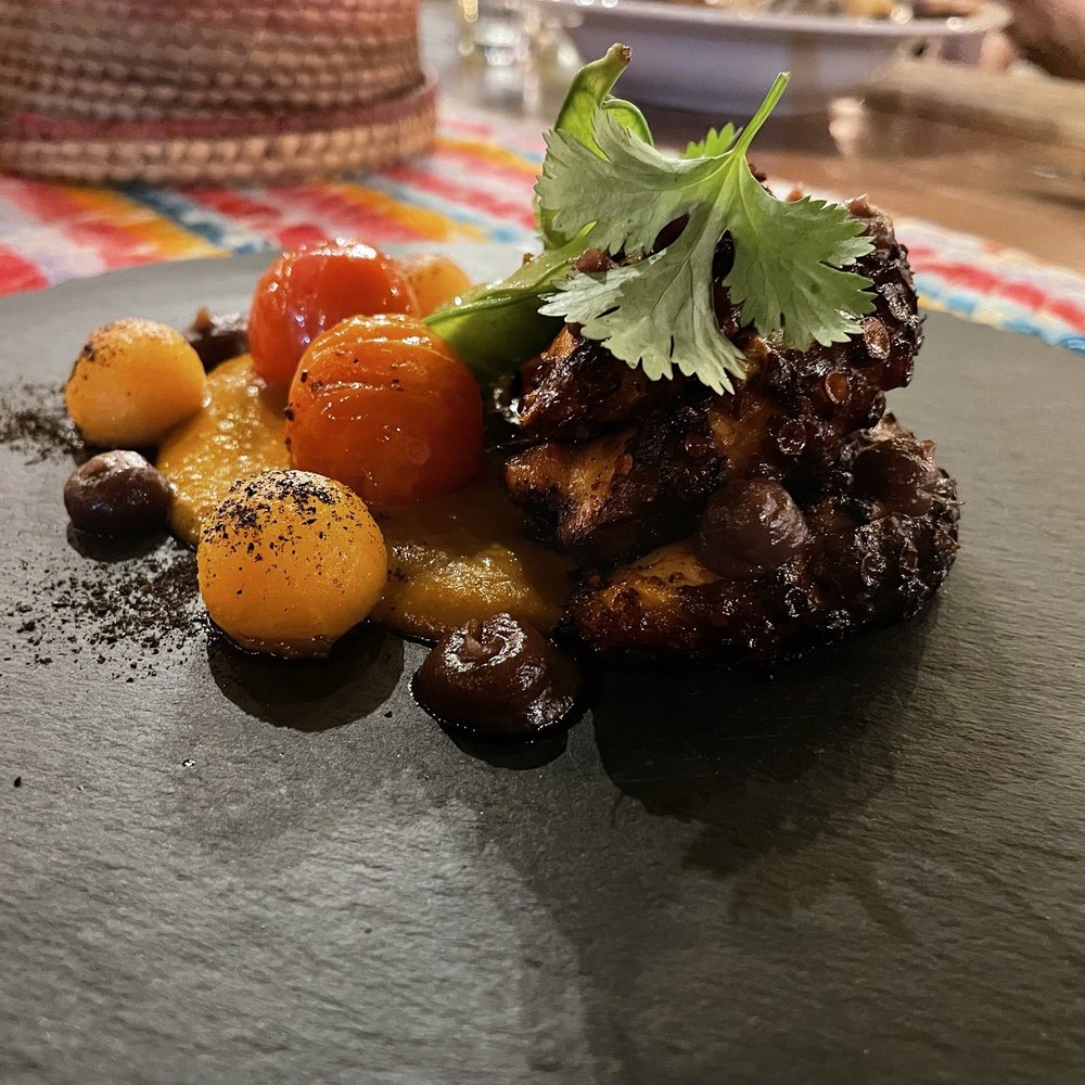 Metate - Pulpo (Octopus). Interesting pairing with melon. - Mexican Near Me - Cabo San Lucas, BCS Metate - Pulpo (Octopus). Interesting pairing with melon. - Mexican Near Me - Cabo San Lucas, BCS