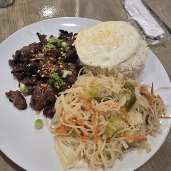 Merienda Cafe - Tapsilog with white rice and a fried egg, pancit noodles - Filipino Near Me - Grayslake, Illinois Merienda Cafe - Tapsilog with white rice and a fried egg, pancit noodles - Filipino Near Me - Grayslake, Illinois