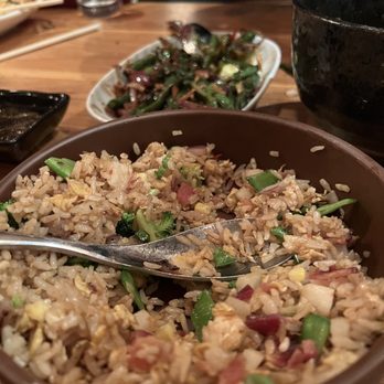 RedFarm - Nueske's Bacon & Eggs Fried Rice (front), Wok Fried String Beans, Brussels Sprouts (back) - Dim Sum Near Me - New York, New York RedFarm - Nueske's Bacon & Eggs Fried Rice (front), Wok Fried String Beans, Brussels Sprouts (back) - Dim Sum Near Me - New York, New York