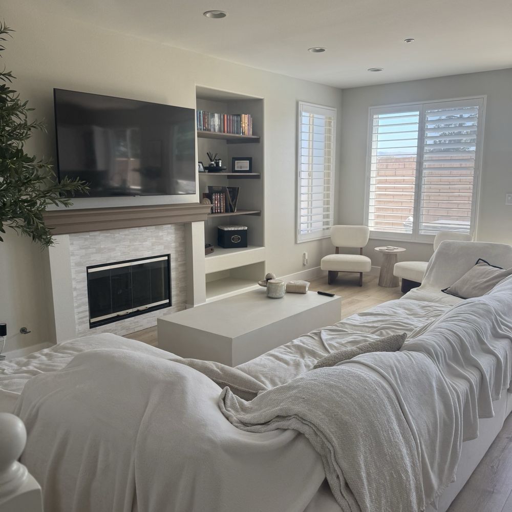 Level Up Restoration - Living area makeover with fireplace update, custom shelf inserts, paint, flooring, baseboards - Flooring Near Me Level Up Restoration - Living area makeover with fireplace update, custom shelf inserts, paint, flooring, baseboards - Flooring Near Me