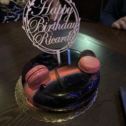 Aki Asian House - Custom cake "Rouge Noir" from Delice Macarons (in Cranford). Custom topper from GoldenTopper (on Etsy). Dark chocolate, raspberry. Yum!!