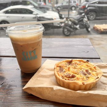 City League Coffee Roasters - Shaken oat latte, with brown sugar syrup and Sausage Quiche - Coffee Roasteries Near Me - Brooklyn, New York