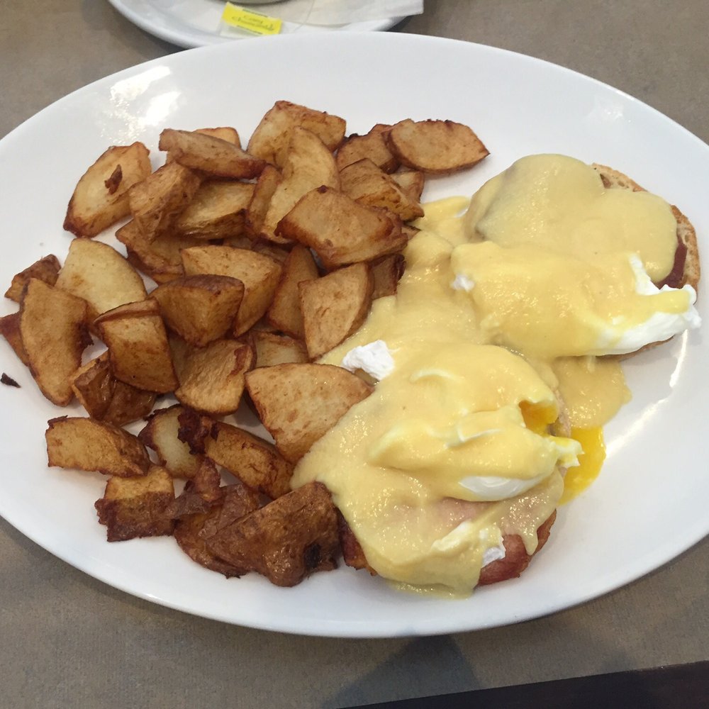 Eggs Benedict with Canadian bacon and home fries. Eggs Benedict with Canadian bacon and home fries.