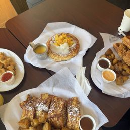 Monte Cristo Crispy Chicken Waffle Mango Sticky Rice Sauce Pancake Spicy Garlic Tofu