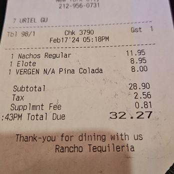 Rancho Tequileria - Bill with erroneous Supplmt chg as I paid cash - Mexican Near Me - New York, New York Rancho Tequileria - Bill with erroneous Supplmt chg as I paid cash - Mexican Near Me - New York, New York