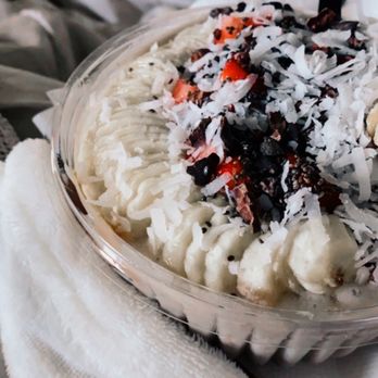 Honey Post - Cacao-nut Bowl with light strawberries, shredded coconut, peanut butter base, chia seeds, and extra banana! - Juice Bars & Smoothies Near Me - Medford Lakes, New Jersey