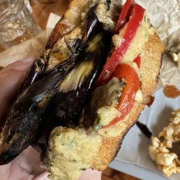 Grilled eggplant, babaganoush, mozzarella, hummus, sweet peppers Grilled eggplant, babaganoush, mozzarella, hummus, sweet peppers