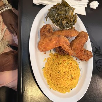 Sol'Delish - Three whole wings chicken fried with collard greens and yellow rice - Soul Food Near Me - Charlotte, North Carolina Sol'Delish - Three whole wings chicken fried with collard greens and yellow rice - Soul Food Near Me - Charlotte, North Carolina