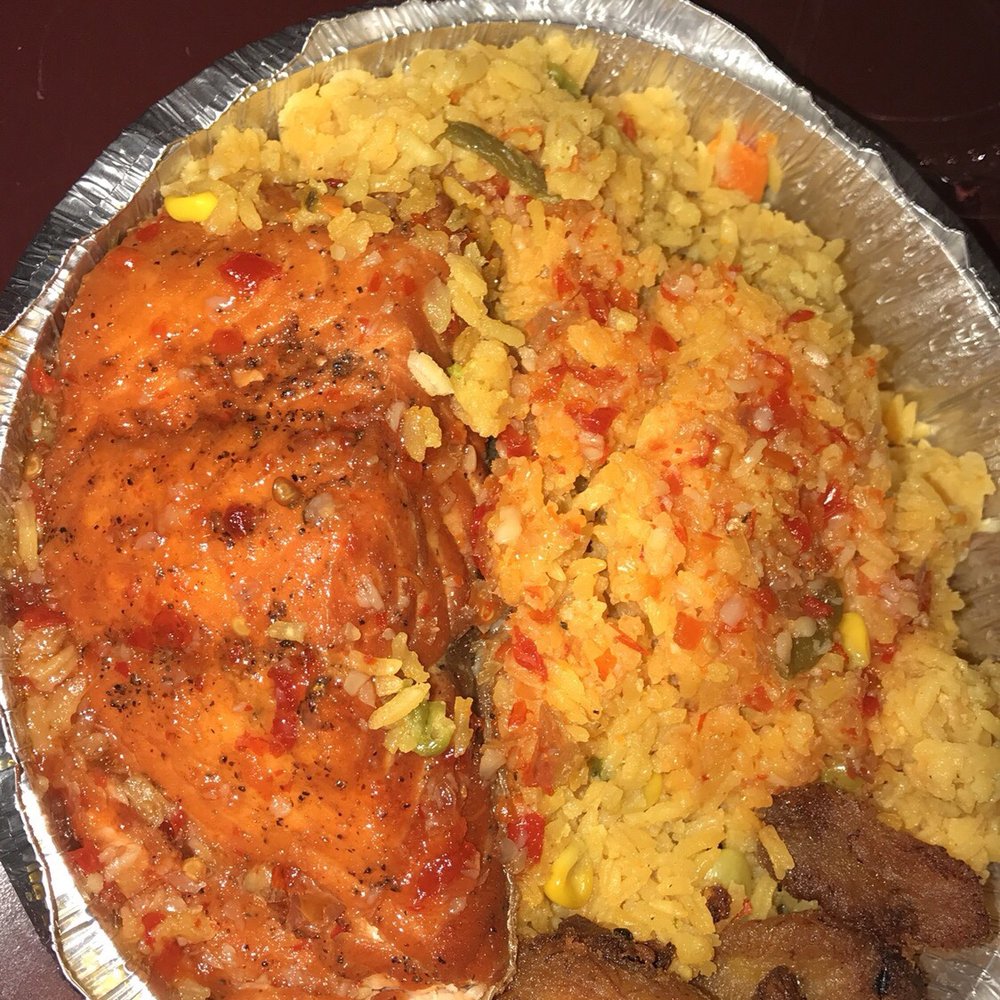 OB's Bakery and Restaurant - Yellow rice , sweet plantains and sweet chili salmon. - Bakeries Near Me - Jamaica, New York