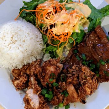 Island Style Cafe - Plate combo with Korean Chicken and Teriyaki Beef and Salad with Mango Dressing - Hawaiian Near Me - Santee, California Island Style Cafe - Plate combo with Korean Chicken and Teriyaki Beef and Salad with Mango Dressing - Hawaiian Near Me - Santee, California
