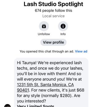 Lash Pilot - This is our conversation on messenger when I set up the appointment. Once again, you see they advertise any style for $68. - Eyelash Service Near Me - Santa Monica, California Lash Pilot - This is our conversation on messenger when I set up the appointment. Once again, you see they advertise any style for $68. - Eyelash Service Near Me - Santa Monica, California