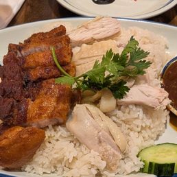 Chicken duo, with crispy pork and poached chicken over ginger rice. Came with daikon soup.