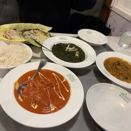 Fish Masala, saag paneer, Basil Coconut Veg Curry, Cheese Naan