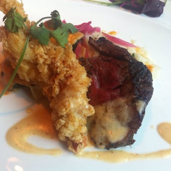 Fearing's Restaurant - Wagyu Beef Filet & Chicken Fried Maine Lobster (Loaded Whipped Potatoes & Soft Spinach Taco, Photo is of a Share Plate, $55) - New American Near Me - Dallas, Texas