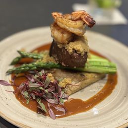 Parmesan crusted filet with prawns