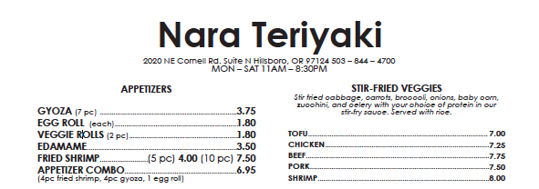 Menu photo 1 Nara Teriyaki Hillsboro, OR Menu photo 1 Nara Teriyaki Hillsboro, OR