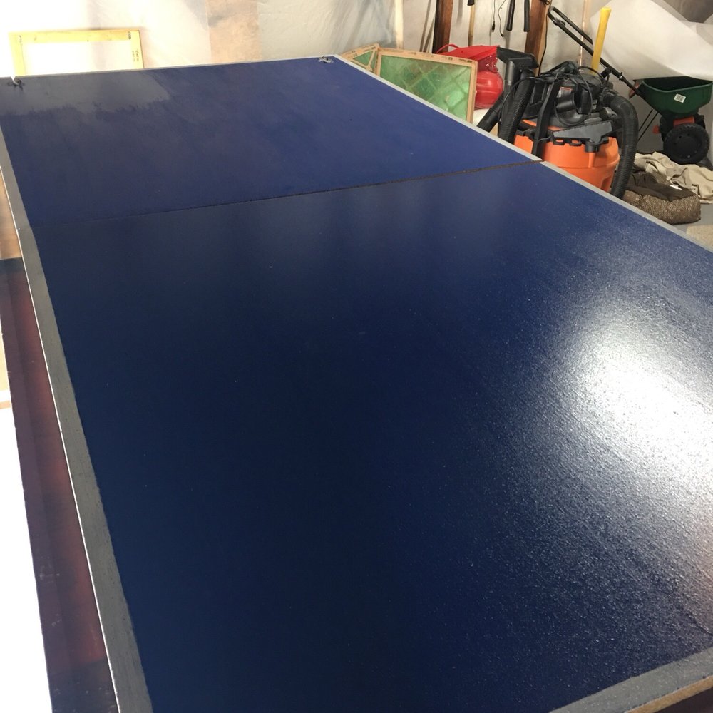 Ping pong table progress, though I just realized that I have it turned the wrong way so now I must repaint my white lines..grr Ping pong table progress, though I just realized that I have it turned the wrong way so now I must repaint my white lines..grr
