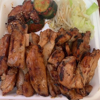 Me's BBQ - Bar - b - q Chicken, kimchi cucumber, glazed potatos, beans, and cabbage - Korean Near Me - Honolulu, Hawaii Me's BBQ - Bar - b - q Chicken, kimchi cucumber, glazed potatos, beans, and cabbage - Korean Near Me - Honolulu, Hawaii