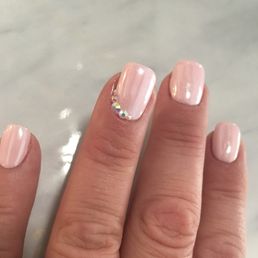Beautiful gel + acrylic mani with pearl chrome finish