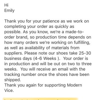 Modern Vice - This email reply was sent 1/12/18 and I had emailed them 12/23/17!! Cut and paste of my last customer service response except for one part - Shoe Stores Near Me - New York, New York