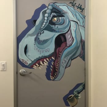 Dinosaur Coffee - T-Rex glaring at you from inside the bathroom - Coffee & Tea Near Me - Los Angeles, California