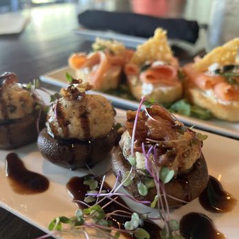 Cork Wine Bar & Bistro - Stuffed mushrooms and smoked salmon cicchetti - Wine Bars Near Me - New Bern, North Carolina