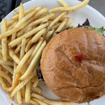 Aloha Stacks - 1/3 lb. Stacks Cheeseburger top view with fries - Pancakes Near Me - Cerritos, California Aloha Stacks - 1/3 lb. Stacks Cheeseburger top view with fries - Pancakes Near Me - Cerritos, California