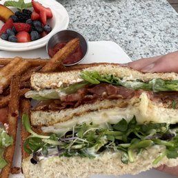 One awesome Turkey club with fries and a side of fruit.