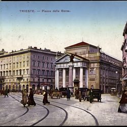 Piazza della Borsa - Palace La Borsa in Triest on an old postcard; built in 1806 by the Architect Antonio Mollari for Kaiser Franz II from Austria
