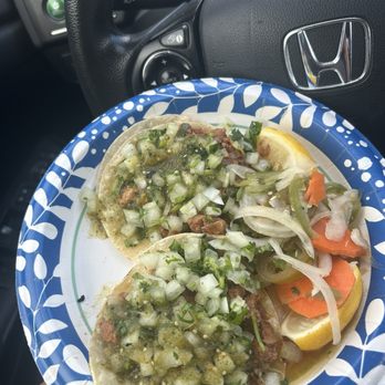 Pacheco’s Mexican Grill - Alpastor tacos with a mountain on diced onions trust the process it's worth it - Mexican Near Me - Pacheco, California