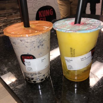 Kung Fu Tea - Taro milk tea with Oreo and bubble, Mango slushie on the right with mango jelly and popping bubbles - Bubble Tea Near Me - Sterling Heights, Michigan