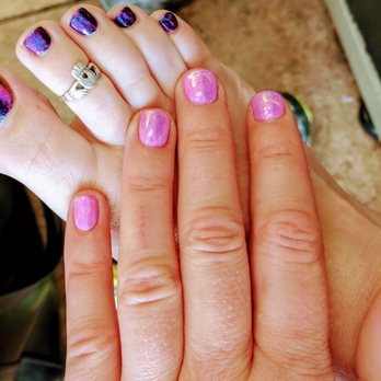 All About You Nails - Pink shatter chrome on the hands, and black shatter purple on the toes - Nail Salons Near Me - Austin, Texas