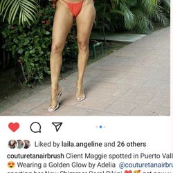 Couture Tan - Client Maggie on vacation glowing in a medium classic tan by Adelia. Couture Tan coral bikini