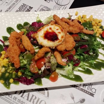 La Mirilla - La Mirilla, Cadiz 2-8-18 -- salad with fried chicken poppers, goat cheese, and salsa verde - Spanish Near Me - Cadiz, California