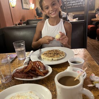 PJ's Pancake House - Princeton - side of bacon very large! Chocolate chip Pancakes , eggs over medium ! - Diners Near Me - Princeton, New Jersey