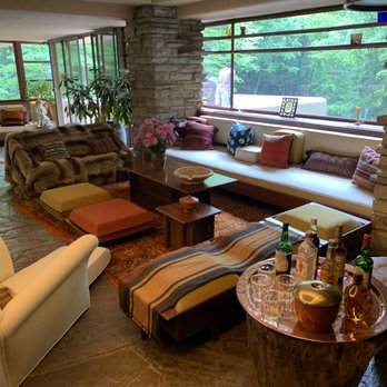 Fallingwater - Living Room Area with FLW designed furniture - Landmarks & Historical Buildings Near Me - Mill Run, Pennsylvania