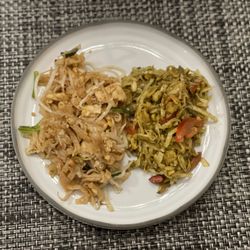 Roots Asian Restaurant - Pad Thai on the left Tea Leaf Salad on the right.