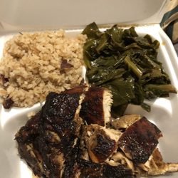 Chef Baker's Place 2 - Jerk chicken, peas and rice, and collard greens.