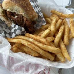 Fried chicken pepper, jack sandwich and fries