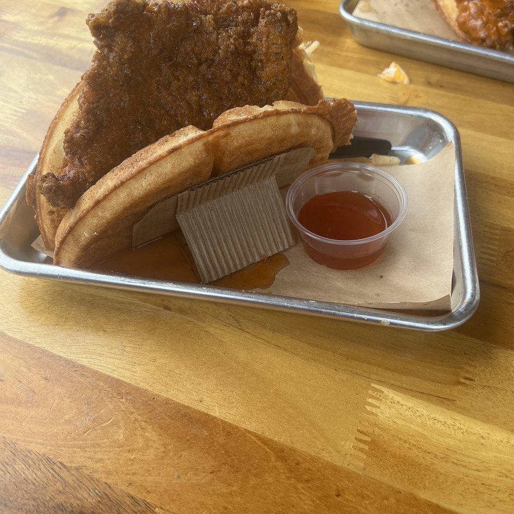 Bruxie - THE ORIGINAL w/ No Slaw.  I got hot honey & maple syrup to dip! - Sandwiches Near Me - Orange, California