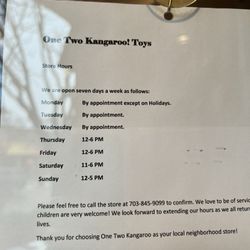 One Two Kangaroo Toys - New hours. Opened late so heads up that they don't keep them to the T.