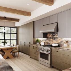 Camellia Cabinetry & More - Warm modern kitchen: gray flat-panel uppers, natural wood cabinetry, statement stone backsplash, pro-style range + oversized hood