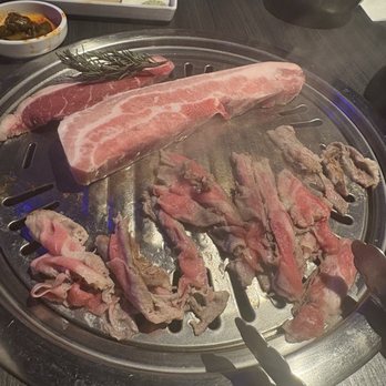 Gen Korean BBQ House - On top is #1 on the menu and it's similar to picanha. Middle is super thick pork belly, bottom is beef belly. - Korean Near Me - Portland, Oregon Gen Korean BBQ House - On top is #1 on the menu and it's similar to picanha. Middle is super thick pork belly, bottom is beef belly. - Korean Near Me - Portland, Oregon