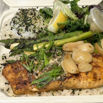 Upscale Hawaii - Garlic Salmon with furikake rice, salad, and asparagus - mom definitely enjoyed this dish! - Diners Near Me - Honolulu, Hawaii Upscale Hawaii - Garlic Salmon with furikake rice, salad, and asparagus - mom definitely enjoyed this dish! - Diners Near Me - Honolulu, Hawaii