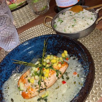 Toca Madera - salmon with side of cilantro rice - Steakhouses Near Me - Houston, Texas Toca Madera - salmon with side of cilantro rice - Steakhouses Near Me - Houston, Texas