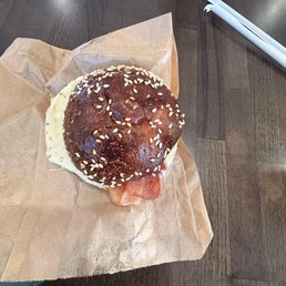 Bacon, egg and cheese on a pretzel bun