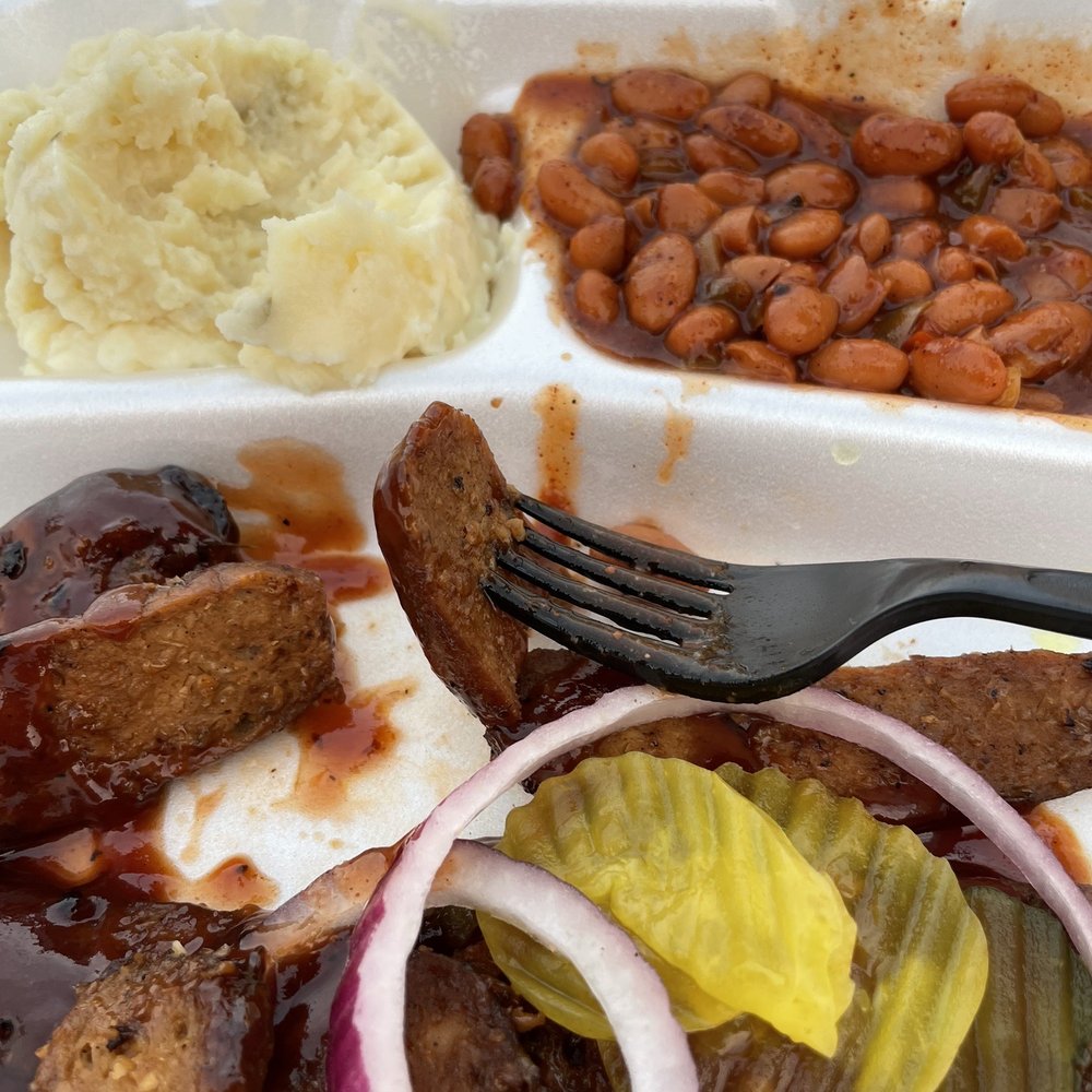Houston Sauce Pit - BBQ Baked Beans, Potato Salad and bbq meat with pickles. So good! - Vegan Near Me - Houston, Texas