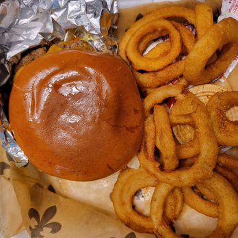 Roul's Deli - Jalepeno burger with cheddar cheese and onion rings. - Burgers Near Me - Baton Rouge, Louisiana