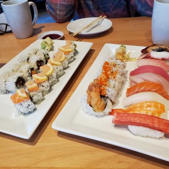 Sushi Nine - (Left to right) Salmon skin roll, Scottish roll, Sushi Deluxe w/ Tempura roll - Sushi Bars Near Me - Raleigh, North Carolina Sushi Nine - (Left to right) Salmon skin roll, Scottish roll, Sushi Deluxe w/ Tempura roll - Sushi Bars Near Me - Raleigh, North Carolina