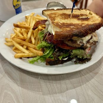 Point Club Cafe - Blue Cheese Bacon Burger on home made sourdough. - Barbeque Near Me - Ventura, California Point Club Cafe - Blue Cheese Bacon Burger on home made sourdough. - Barbeque Near Me - Ventura, California